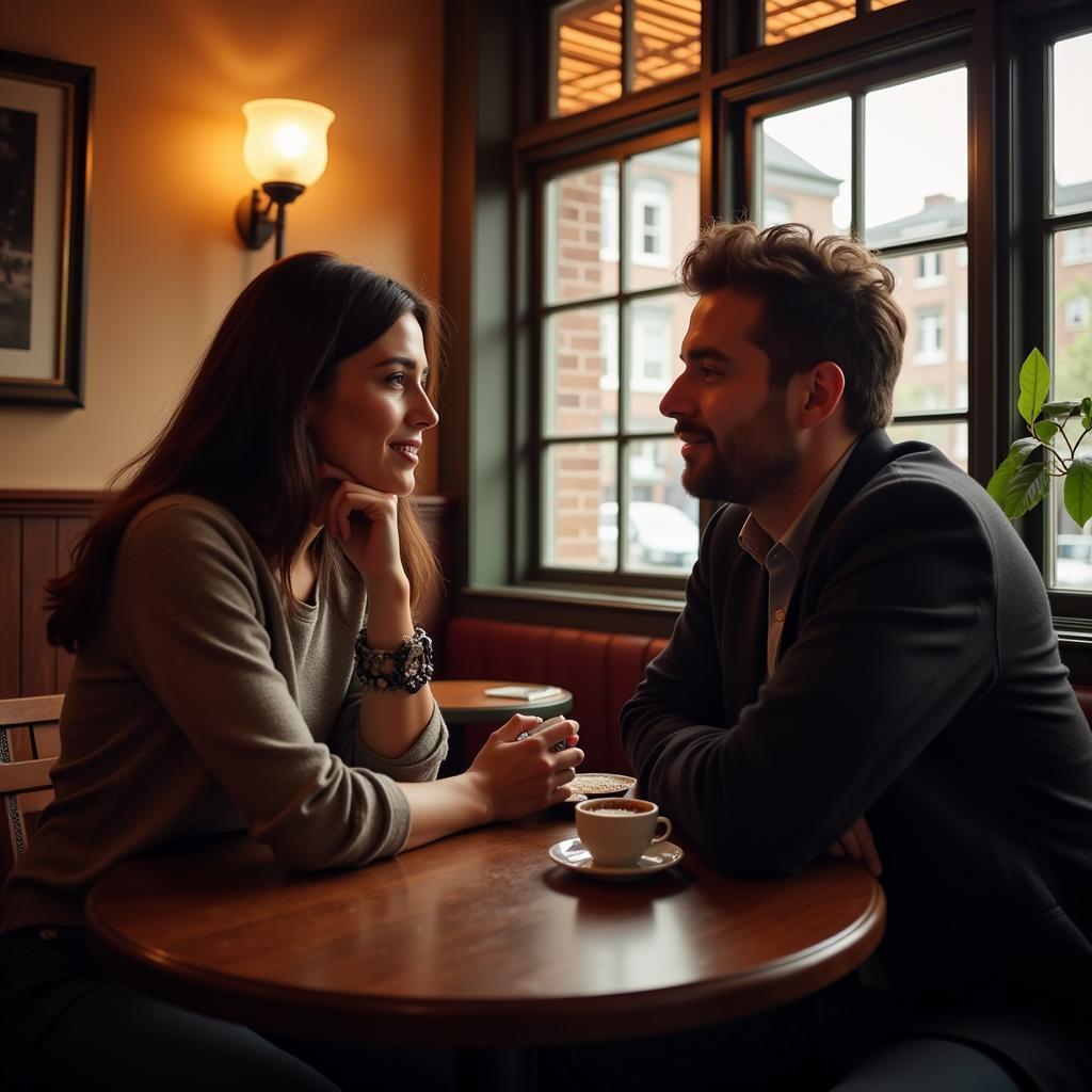 Couple talking in a Baltimore cafe