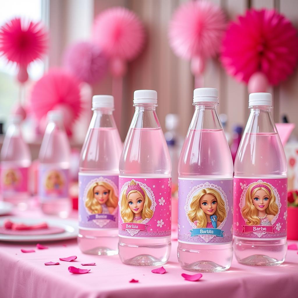 Barbie-themed birthday party with labeled water bottles