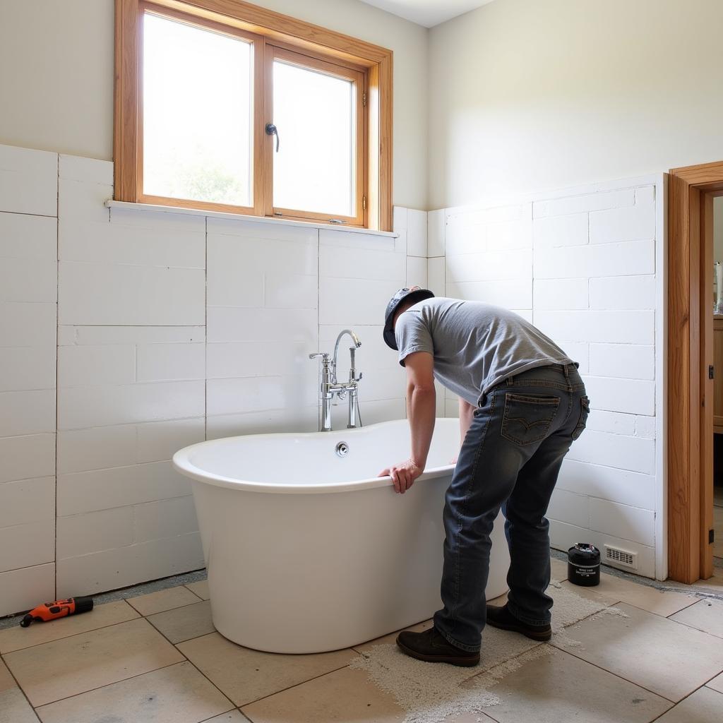 Bathroom renovation with a free-standing tub being installed