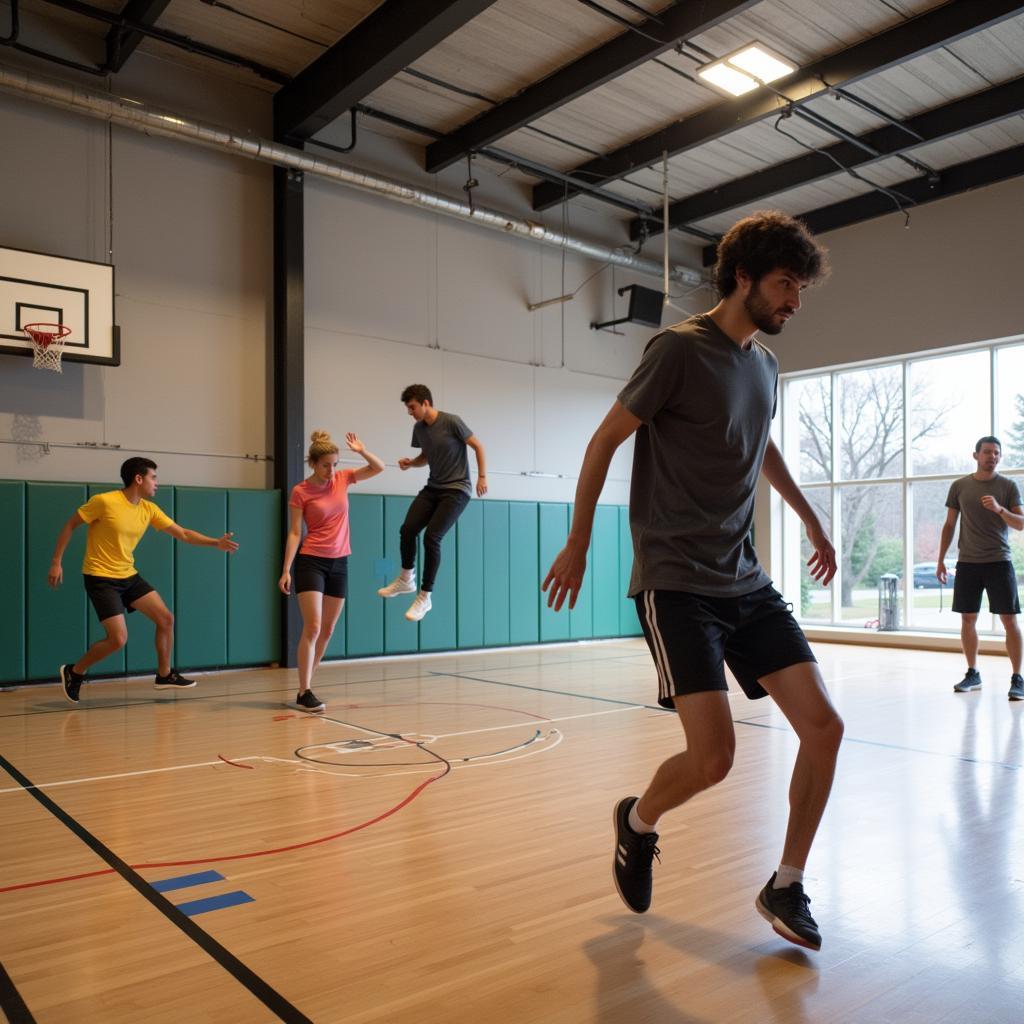 Individuals practicing basic parkour moves in a controlled environment