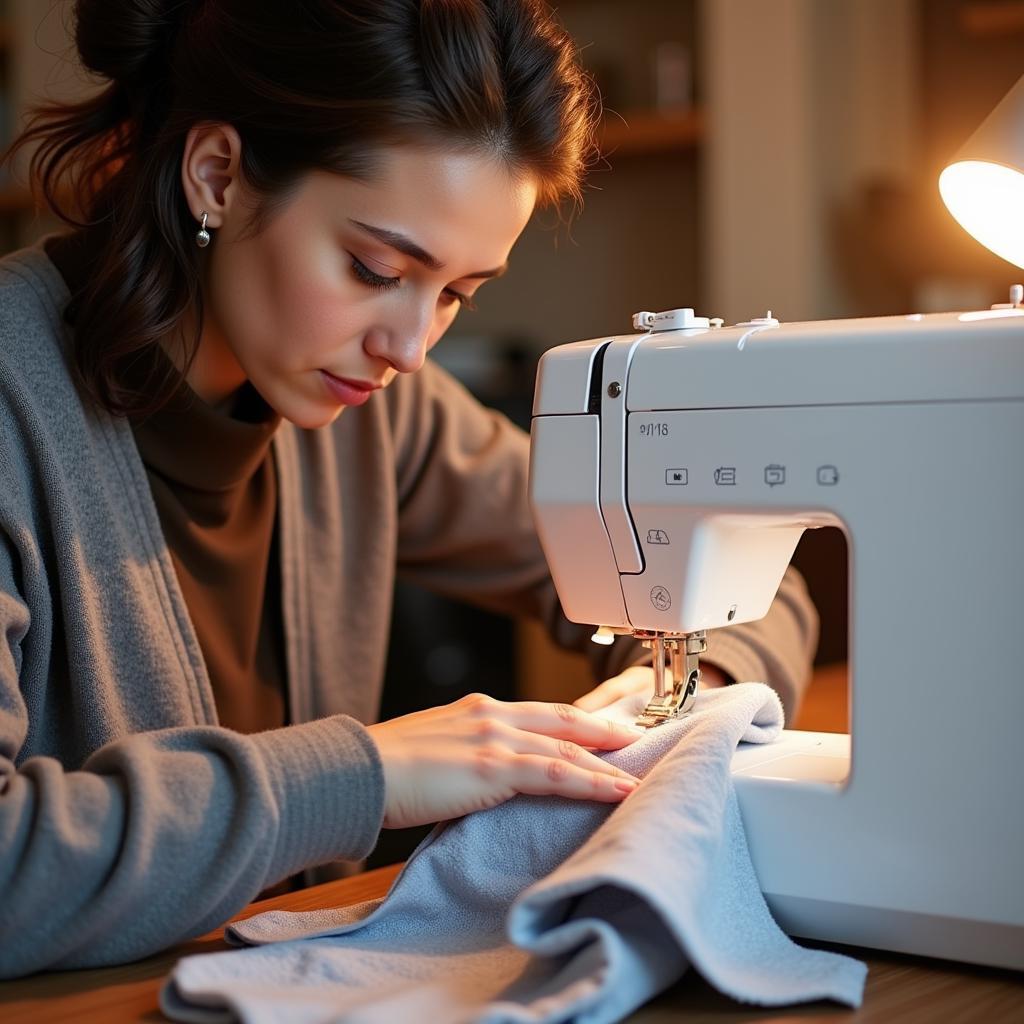 A person sewing a vest with a sewing machine, surrounded by fabric and sewing supplies.