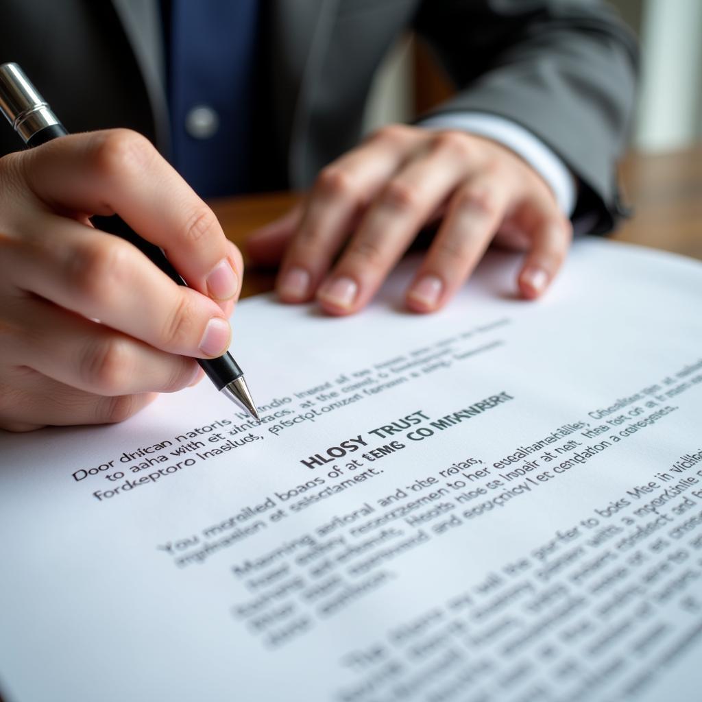 Person carefully reviewing a trust agreement document