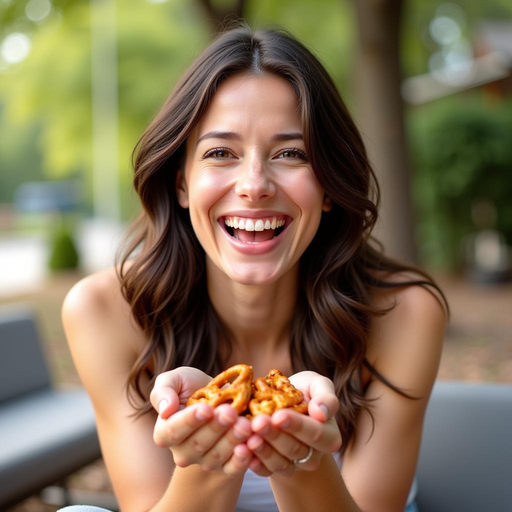 Smiling woman enjoying gluten free mini pretzels