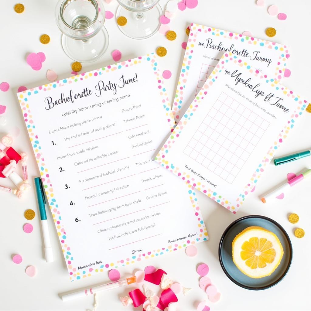 A collection of various printed bachelorette party games.