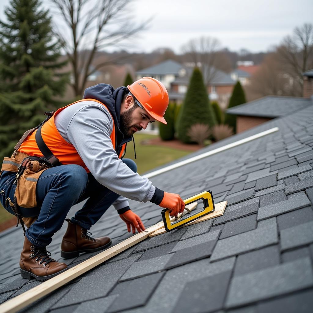 Bexley roofing contractor taking precise measurements of a residential roof.