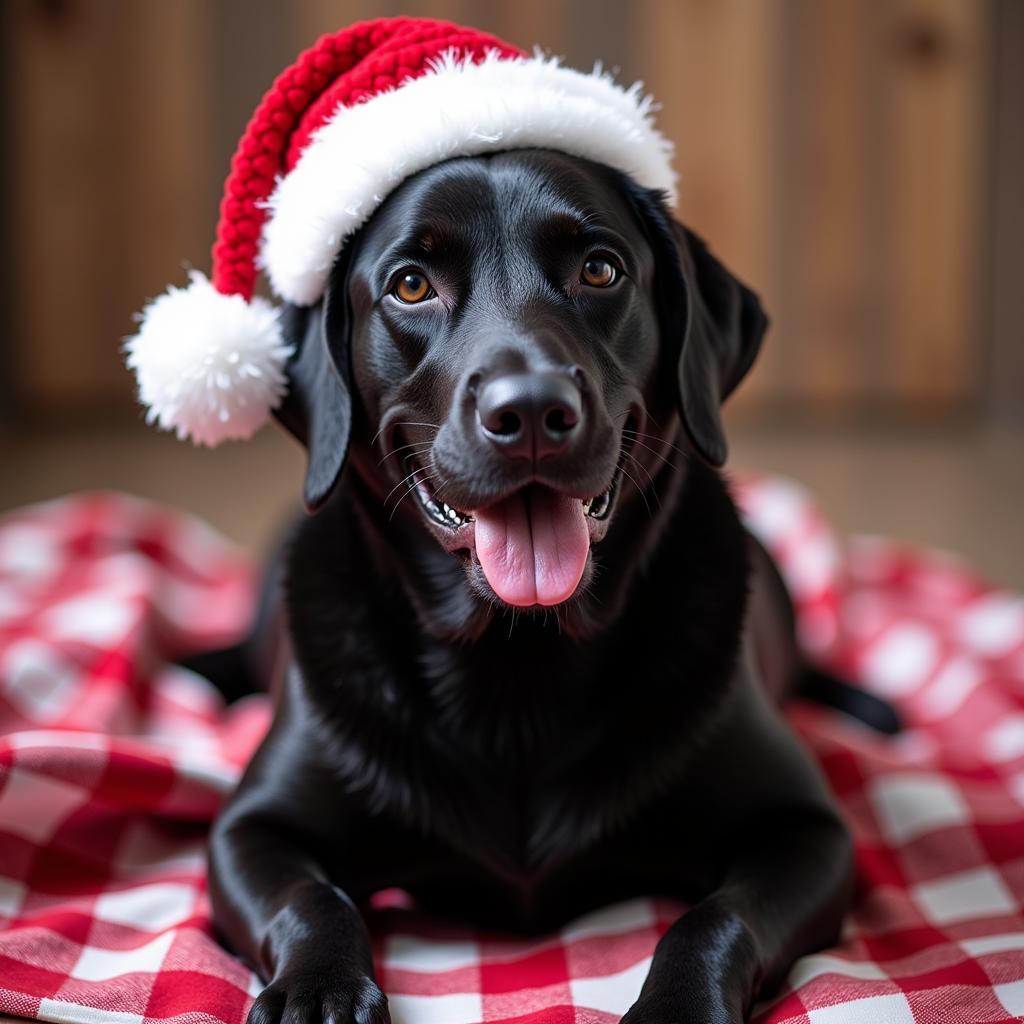 Black Labrador Wearing Crochet Santa Hat