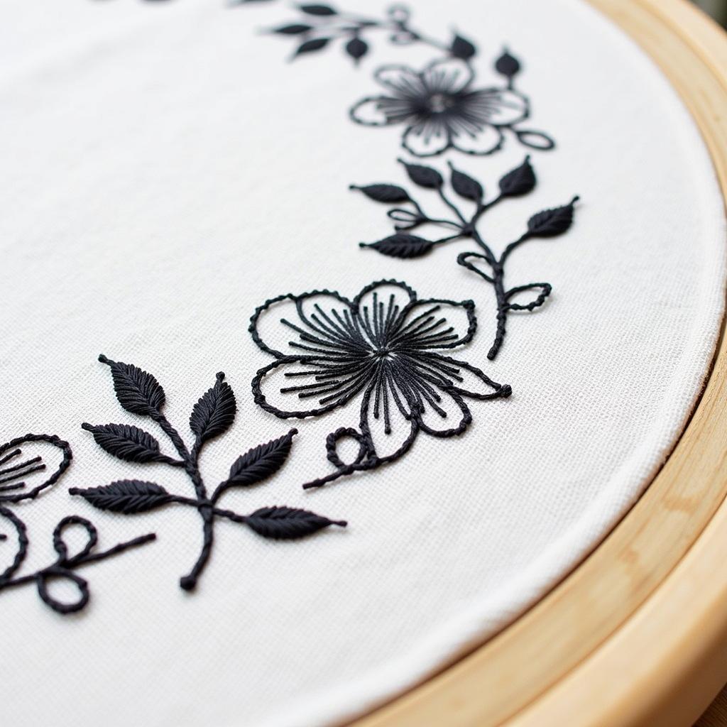 Blackwork embroidery with a floral pattern