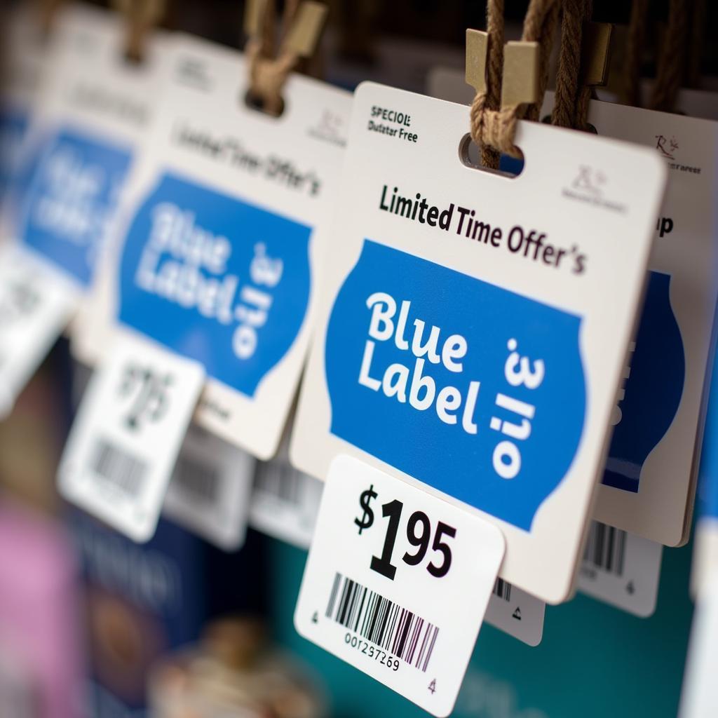 Blue Label Price Tags in Duty-Free Shop
