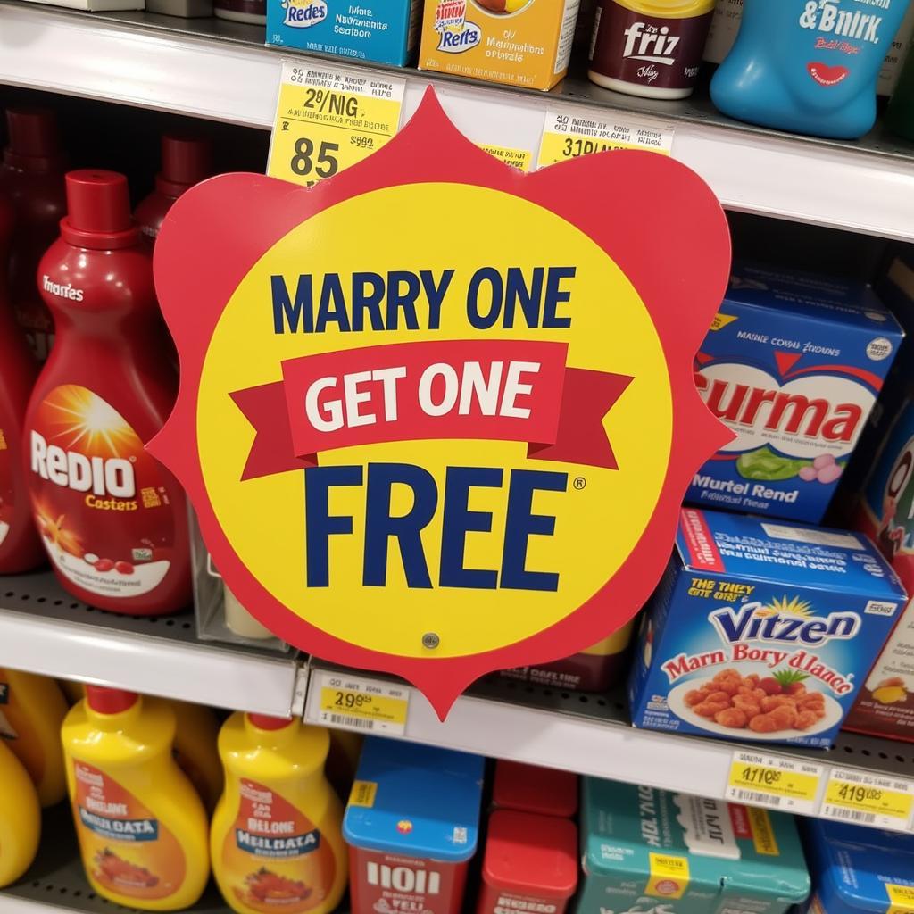 Brightly colored "Marry One Get One Free" sign on a store shelf