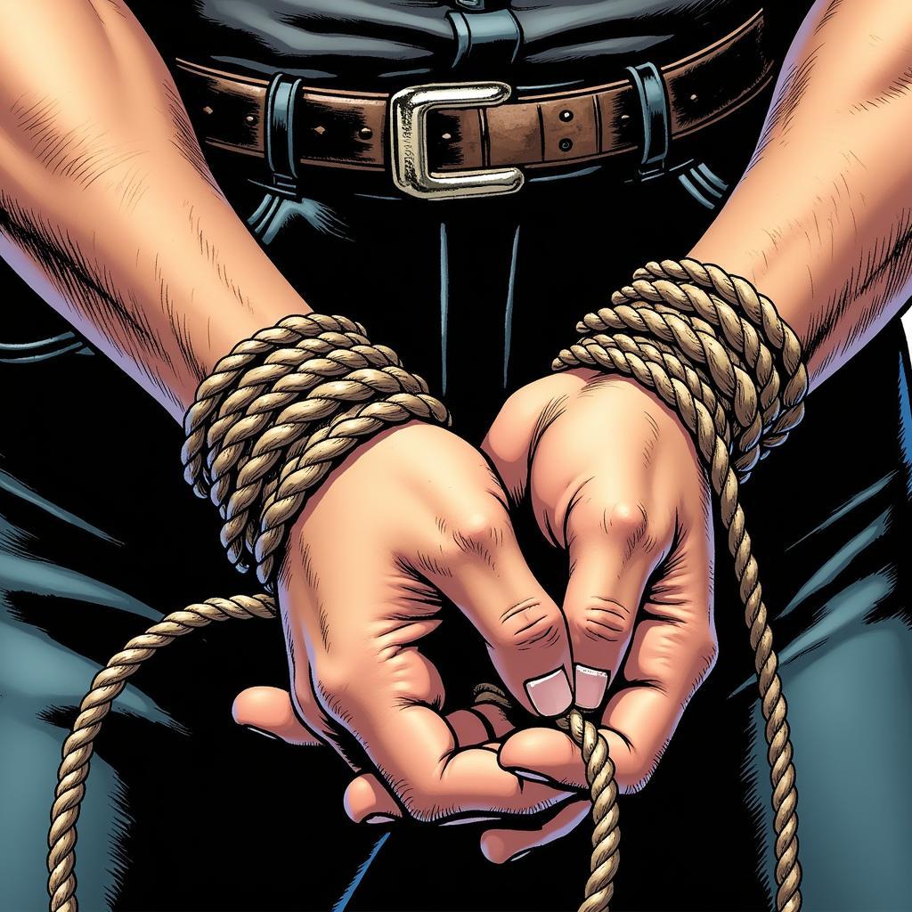 A panel from a bondage comic depicting a scene with intricate rope work.