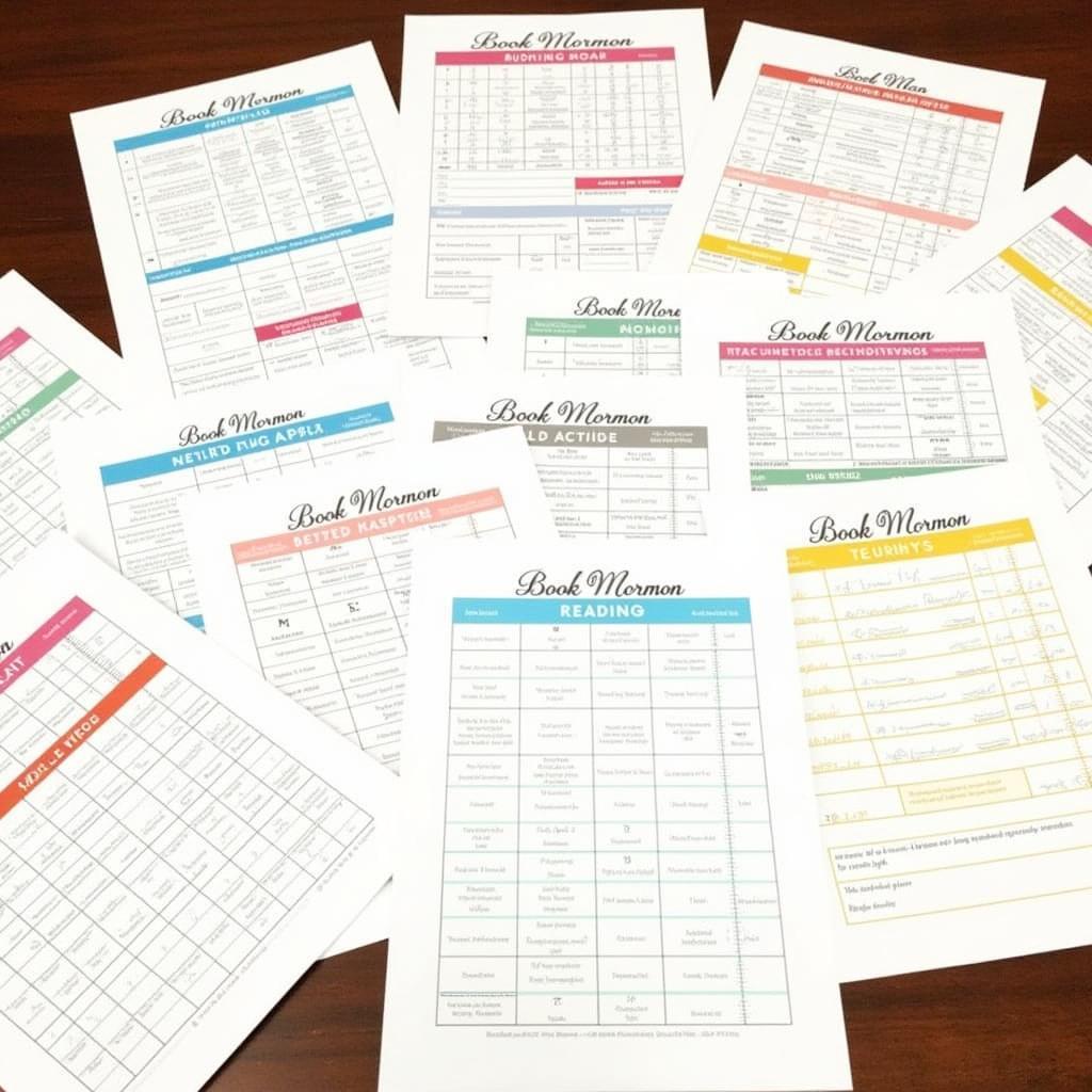 Various Book of Mormon reading charts displayed on a table