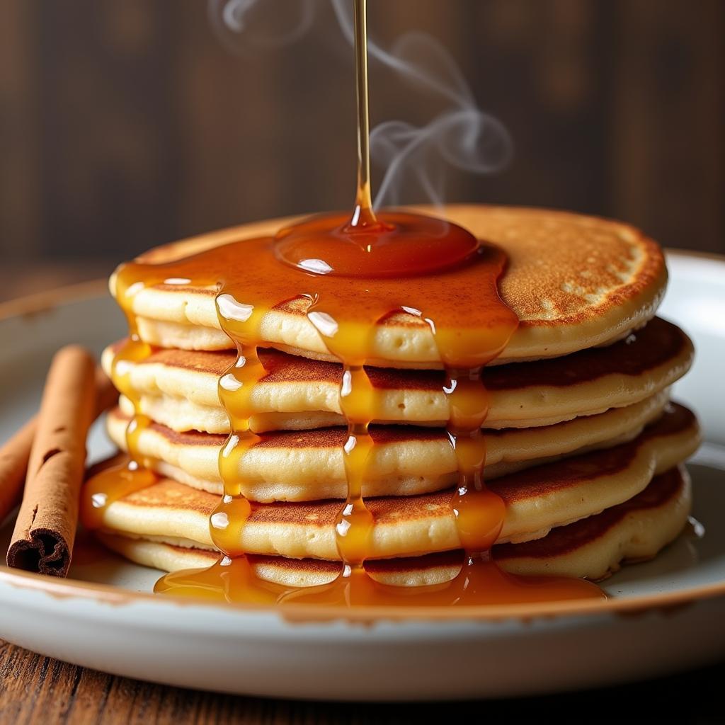 Brown sugar cinnamon sugar-free syrup being poured over a stack of fluffy pancakes