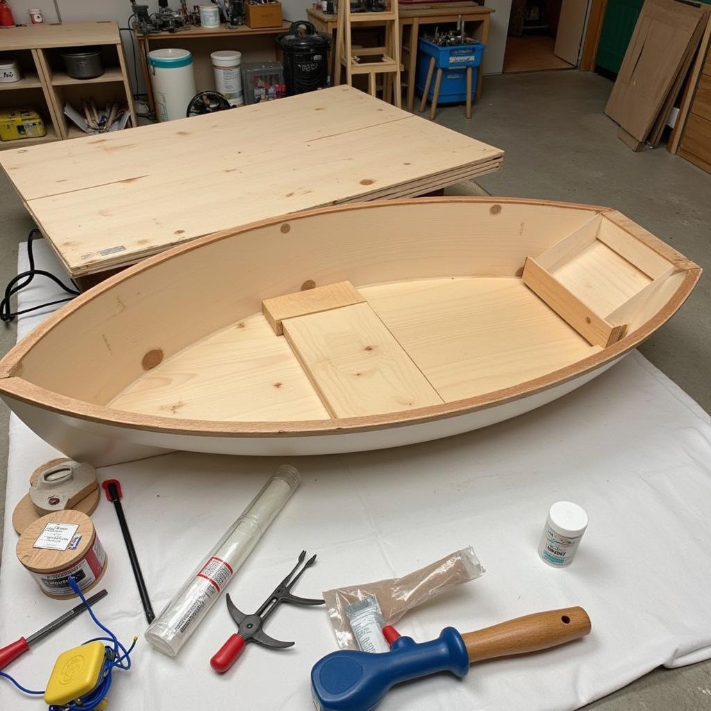 A hydroplane boat under construction in a workshop setting. 