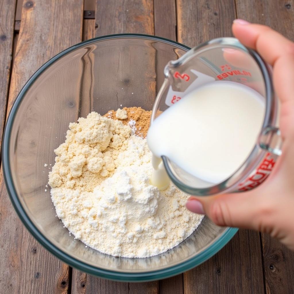 A close-up of buttermilk being poured into a bowl of dry ingredients for gluten-free drop biscuits