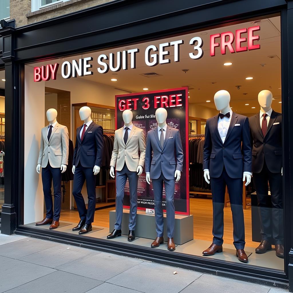 Men's suit sale advertisement - buy one get three free