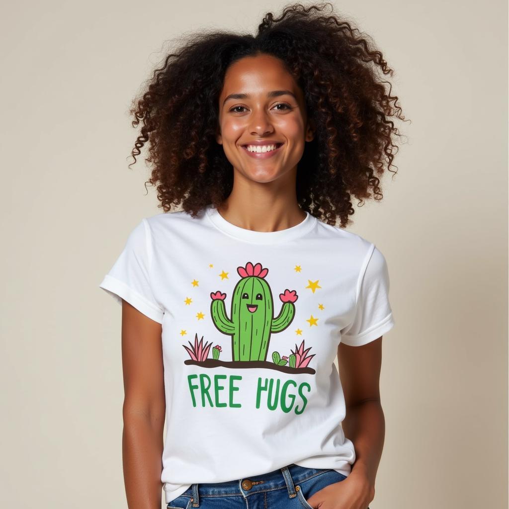 A model wearing a cactus free hugs shirt