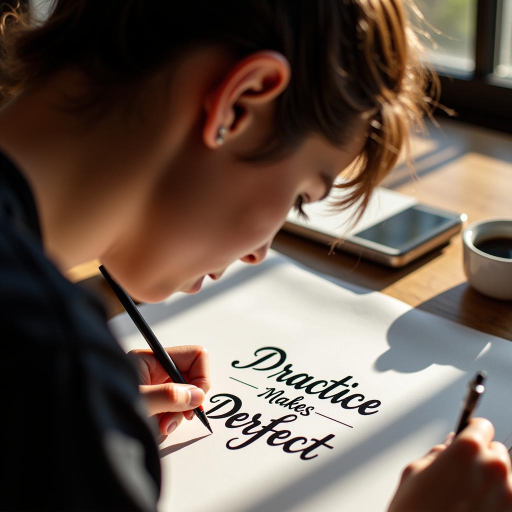 A calligrapher practicing letterforms on a sheet with the phrase "Practice Makes Perfect" 