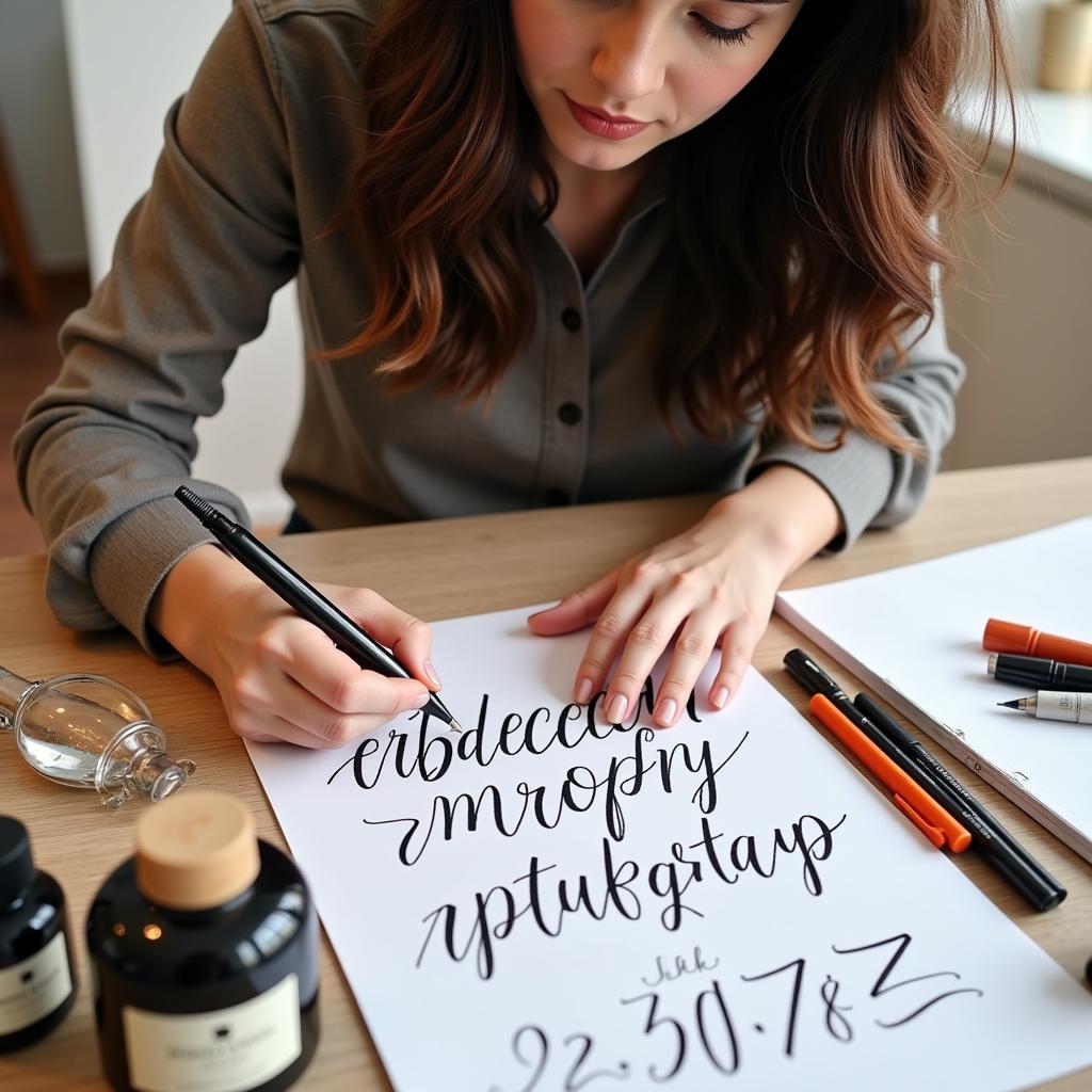 Woman practicing calligraphy with a worksheet