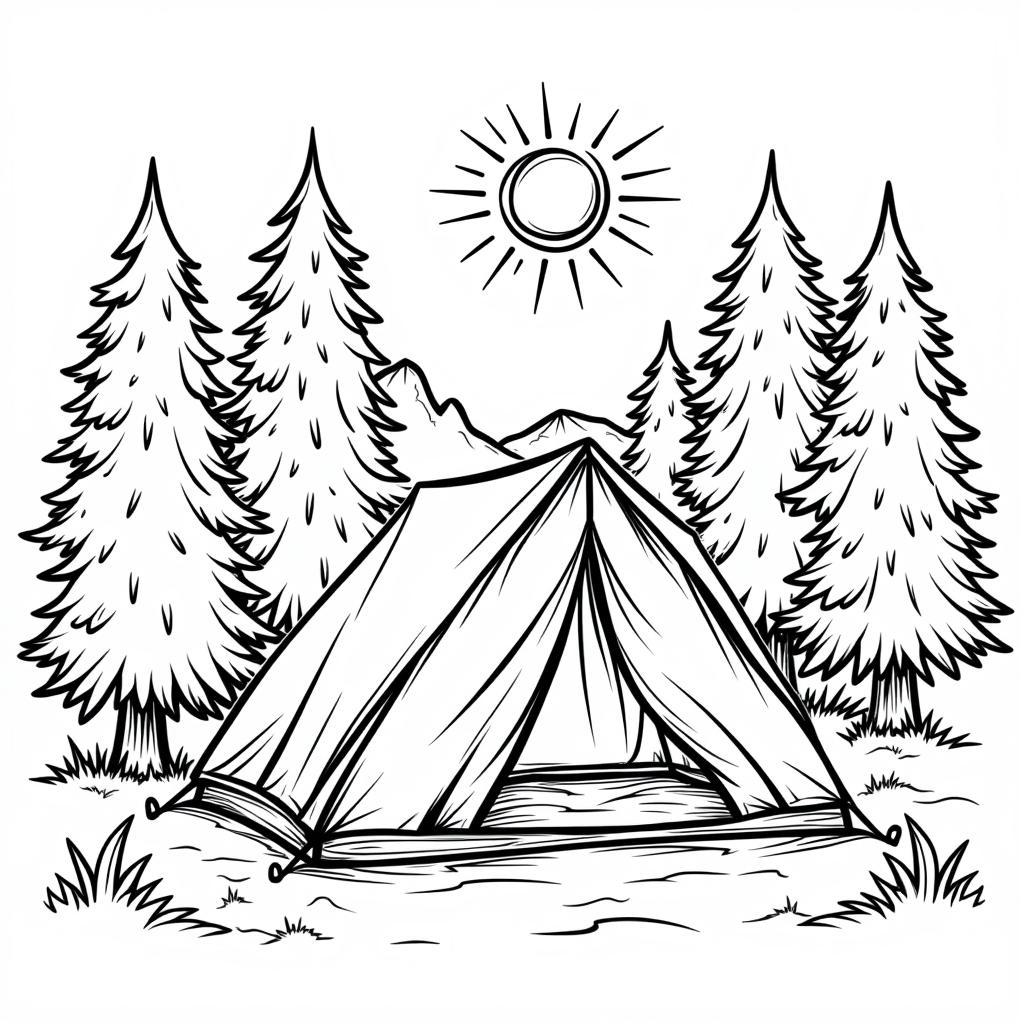 Camping Coloring Page: Tent Nestled Among Trees