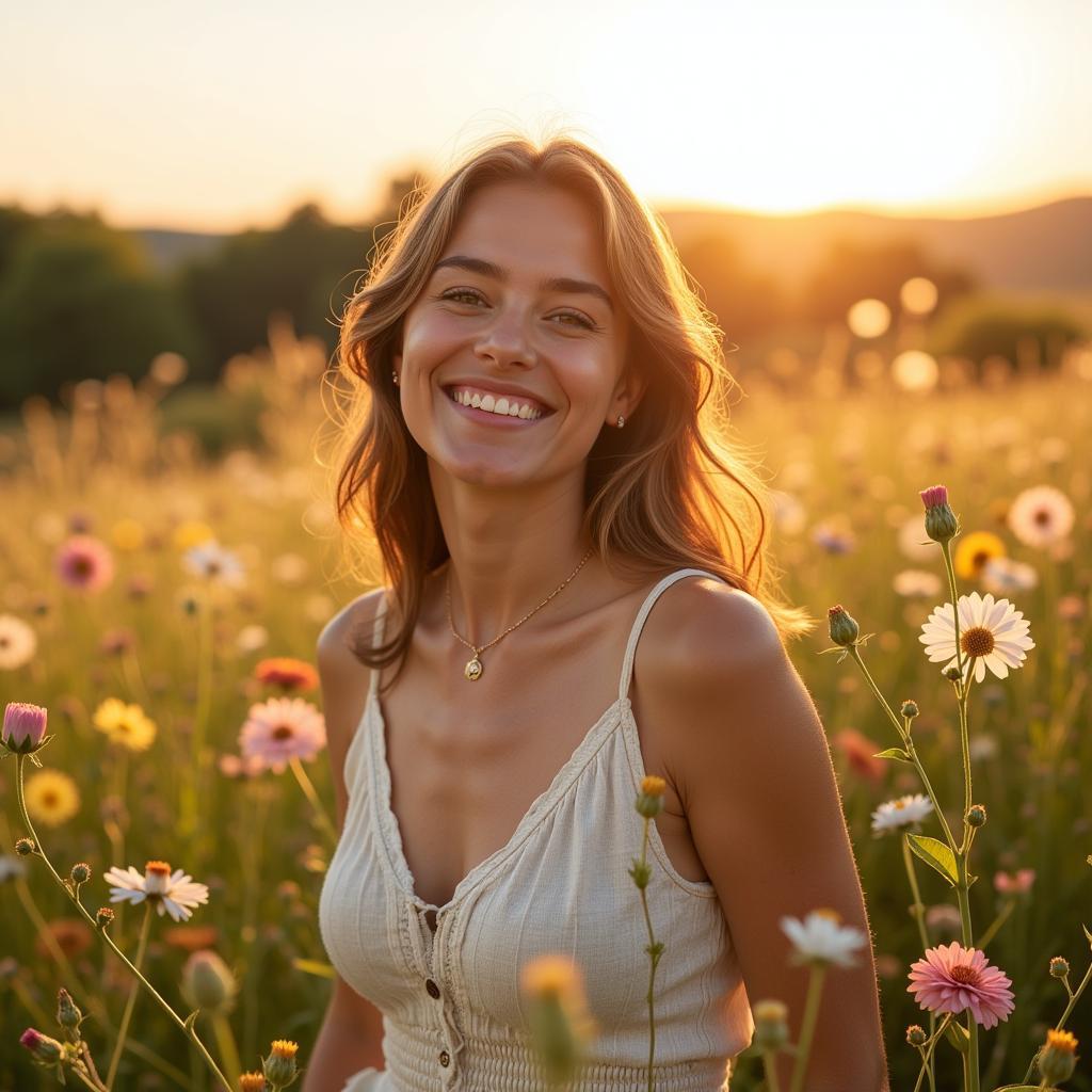 Woman smiling joyfully in a field of flowers, celebrating being cancer free.