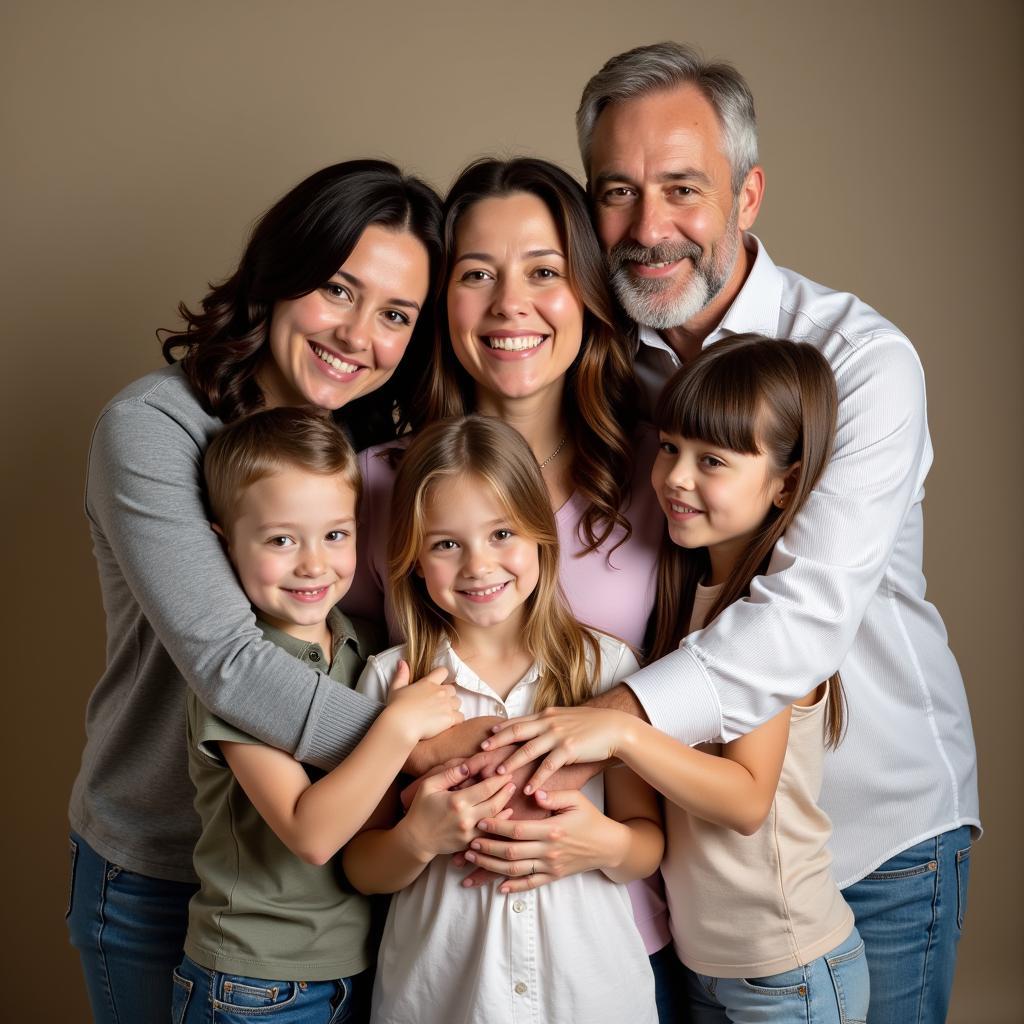 Woman surrounded by loved ones during her photoshoot, everyone is smiling and holding hands.