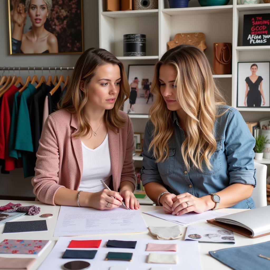 Woman discussing photoshoot ideas with a photographer, holding fabric samples and looking at a mood board.