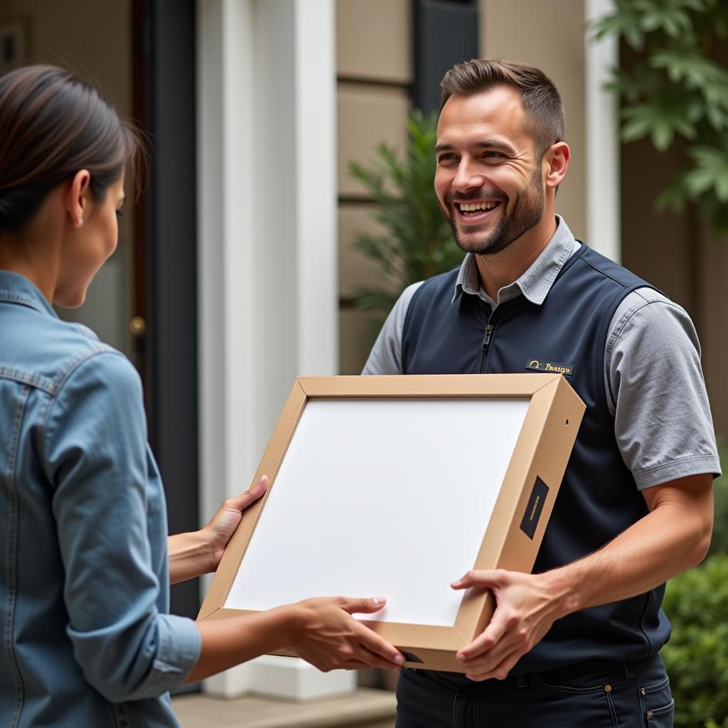 A delivery person hands a package containing a canvas print to a homeowner.