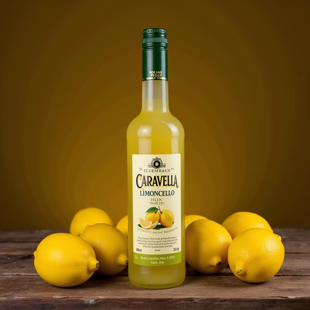 Bottle of Caravella Limoncello on a table with lemons.