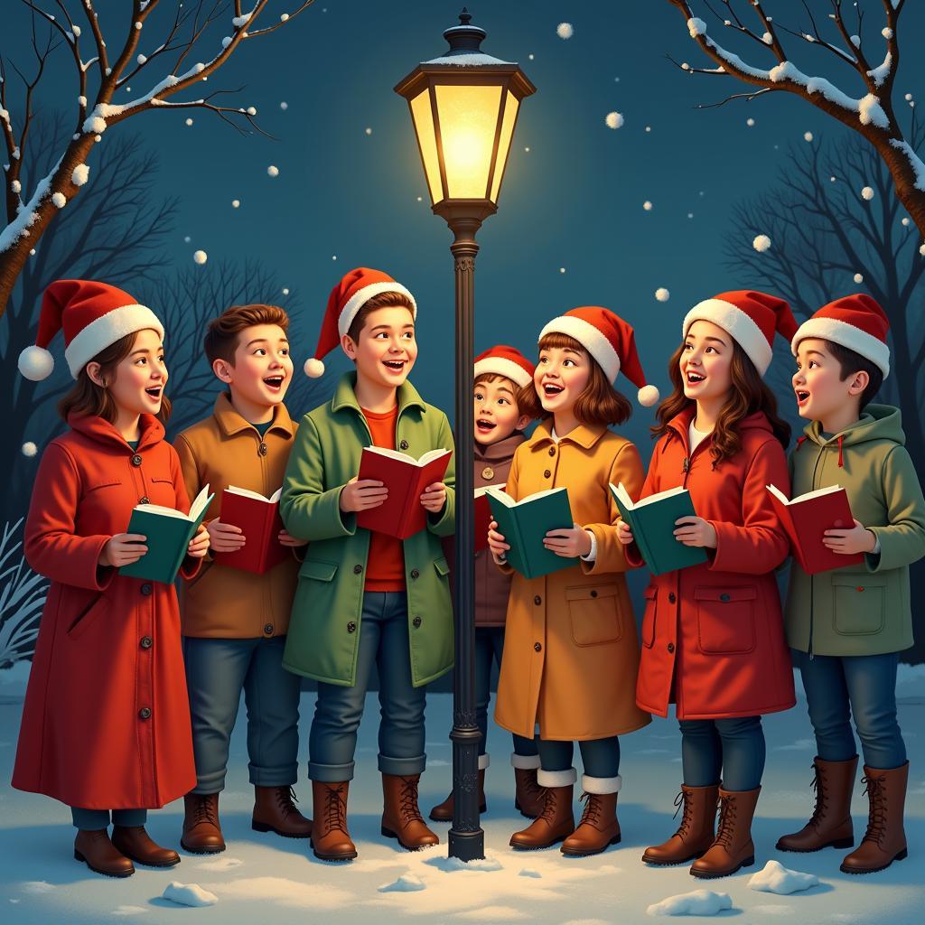 Group of carolers spreading holiday cheer with "Have a Holly Jolly Christmas"