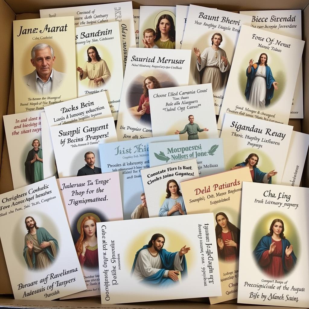 A neatly organized collection of Catholic prayer cards in a decorative box, showcasing the care and reverence given to these spiritual tools.