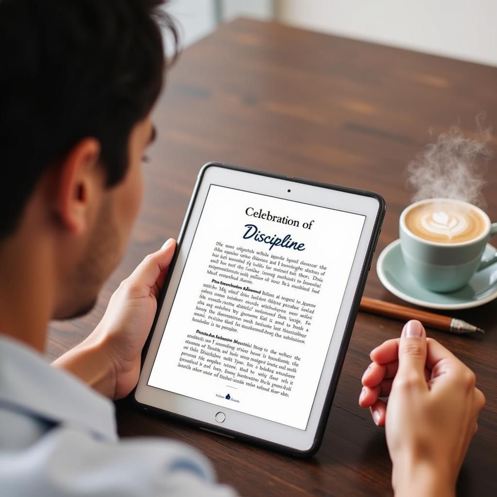 A person reading "Celebration of Discipline" PDF on a tablet with a cup of coffee on the side