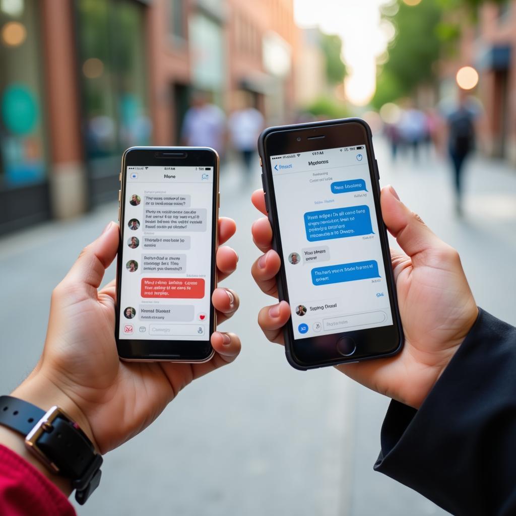 Two people holding phones, suggesting a conversation