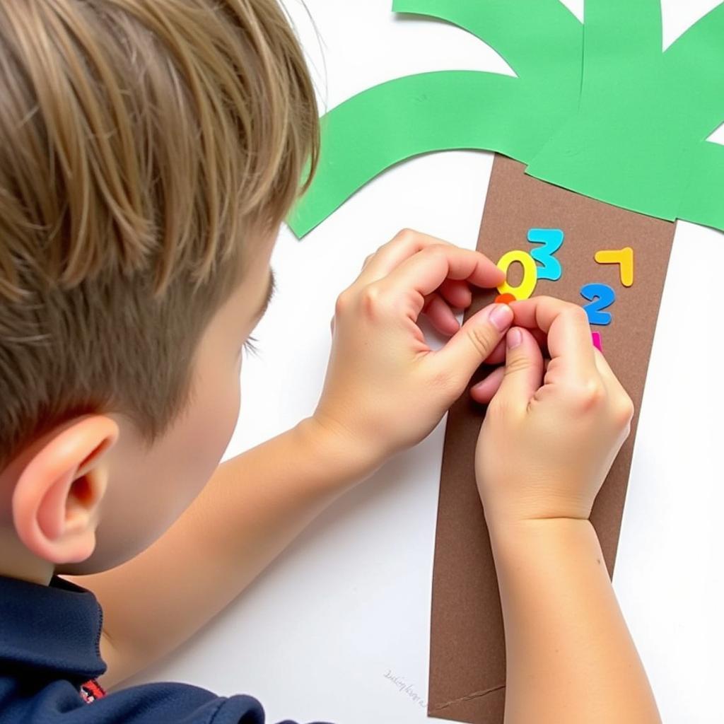 Child creating a coconut tree with construction paper