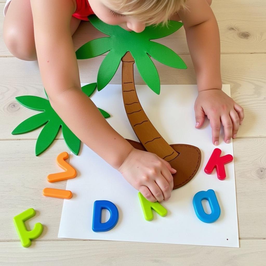 Child placing letter tiles on a coconut tree