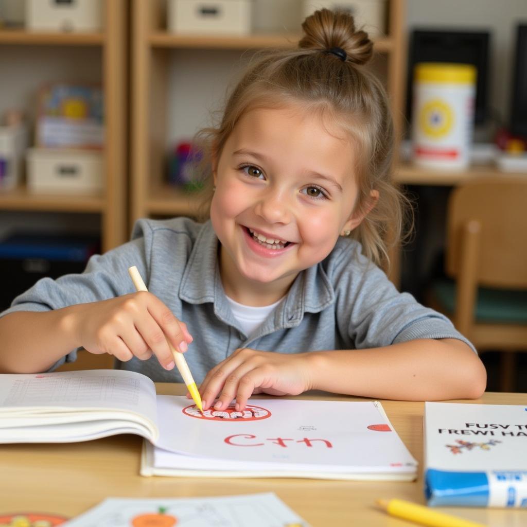  A child happily attaching a printed mini book cover to their notebook.