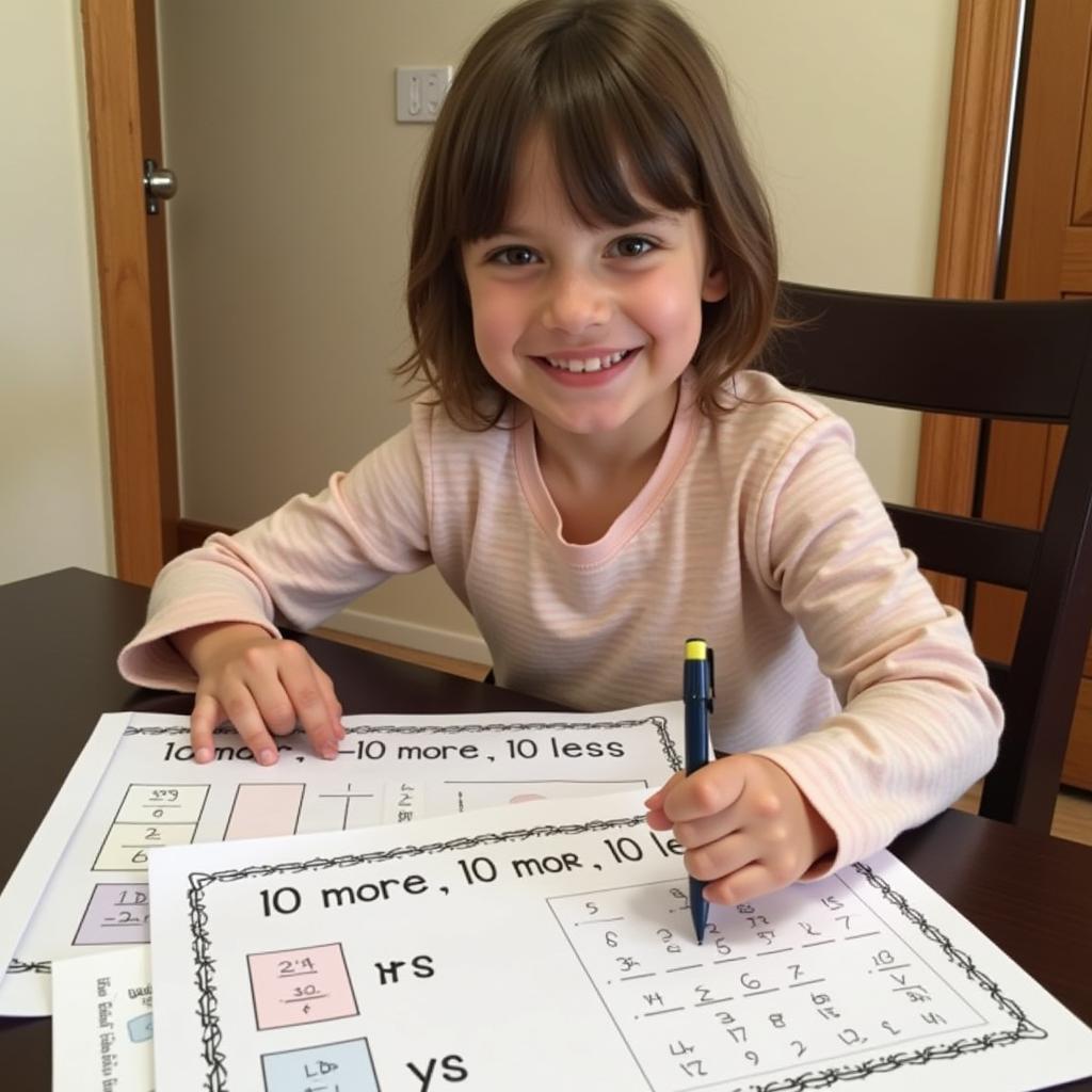 Child Engaged in Learning with 10 More 10 Less Worksheet