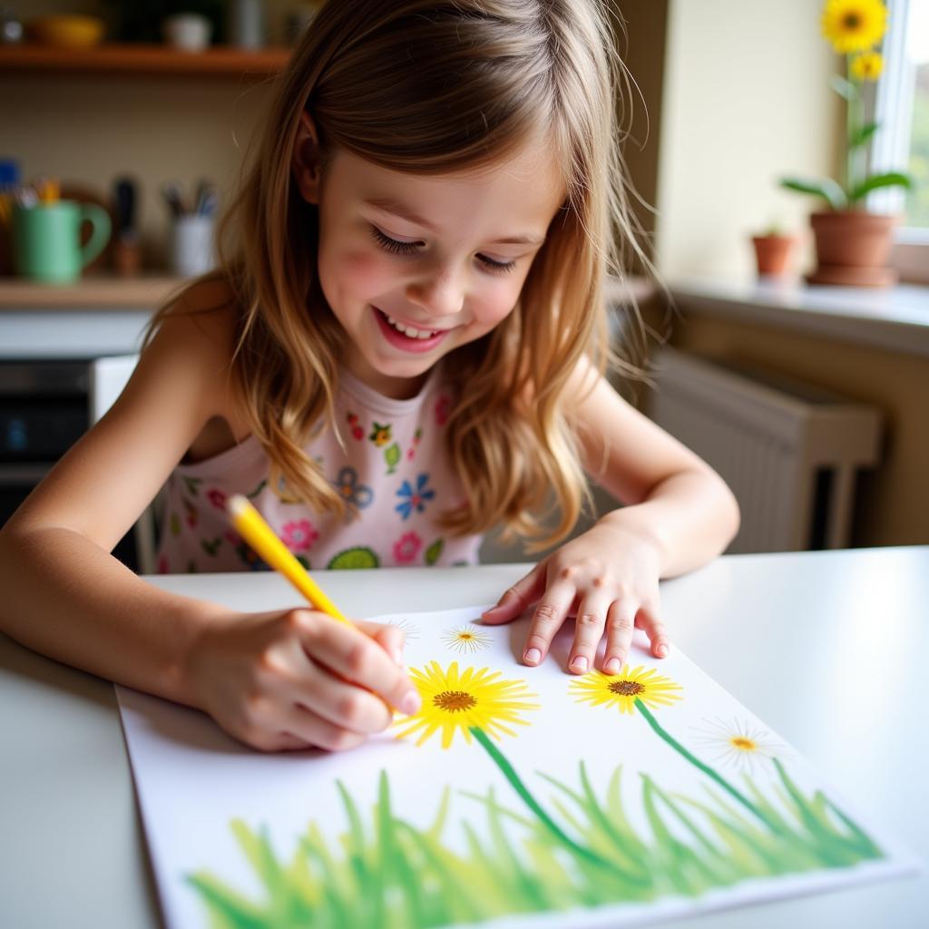 Child Engaged in Dandelion Fingerprint Art Activity