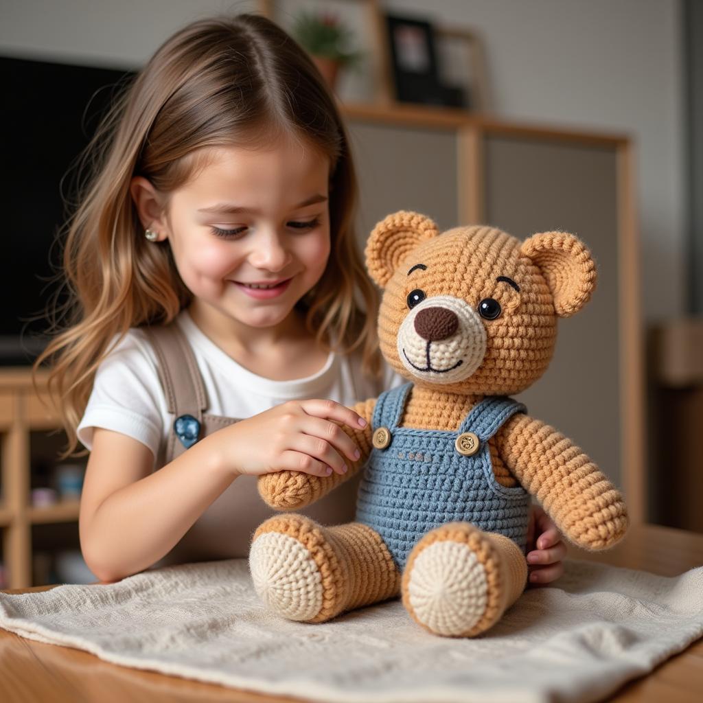 Child Dressing Teddy Bear in Crochet Clothes