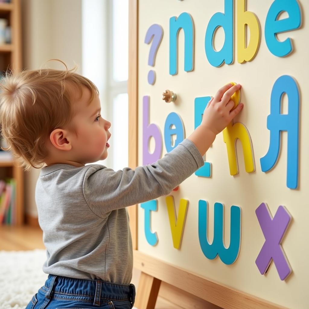 Child learning alphabet with interactive poster