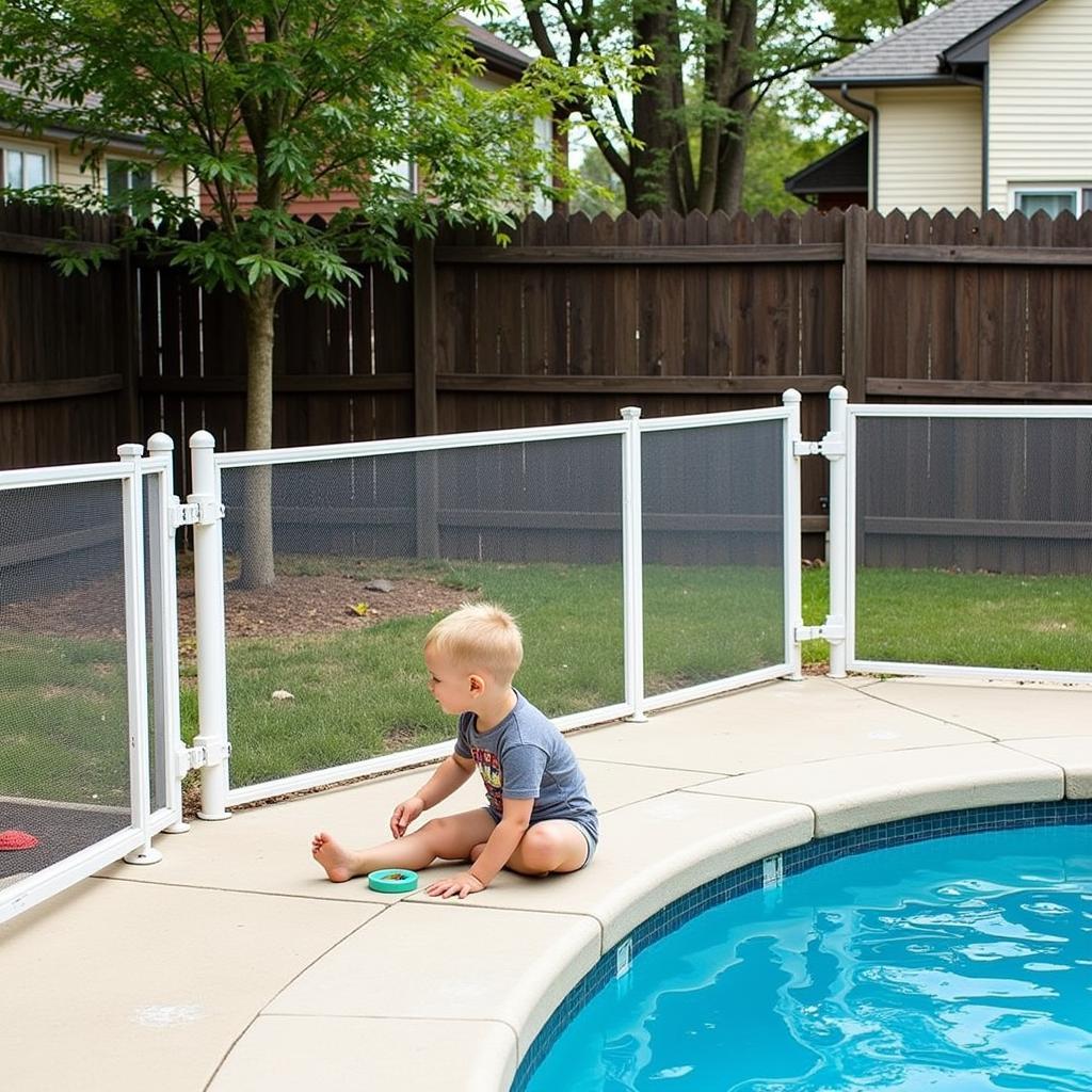 Child playing near a free-standing pool fence