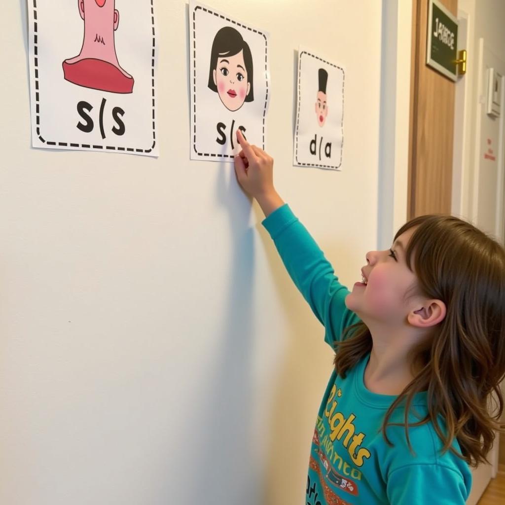 Child practicing sounds with a sound wall