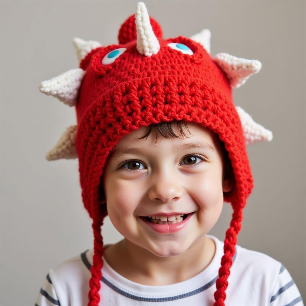 Child wearing a red knitted dinosaur hat