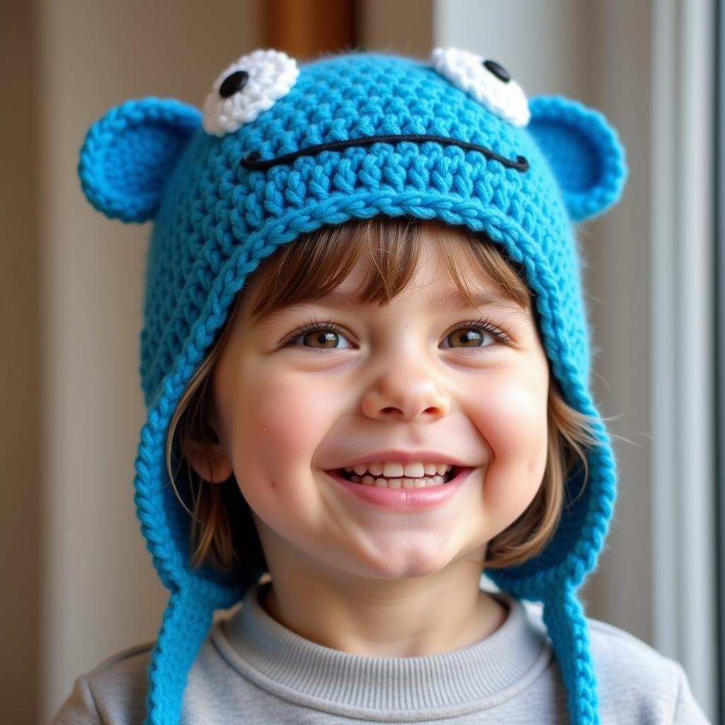 A young child wearing a handmade crochet hat.