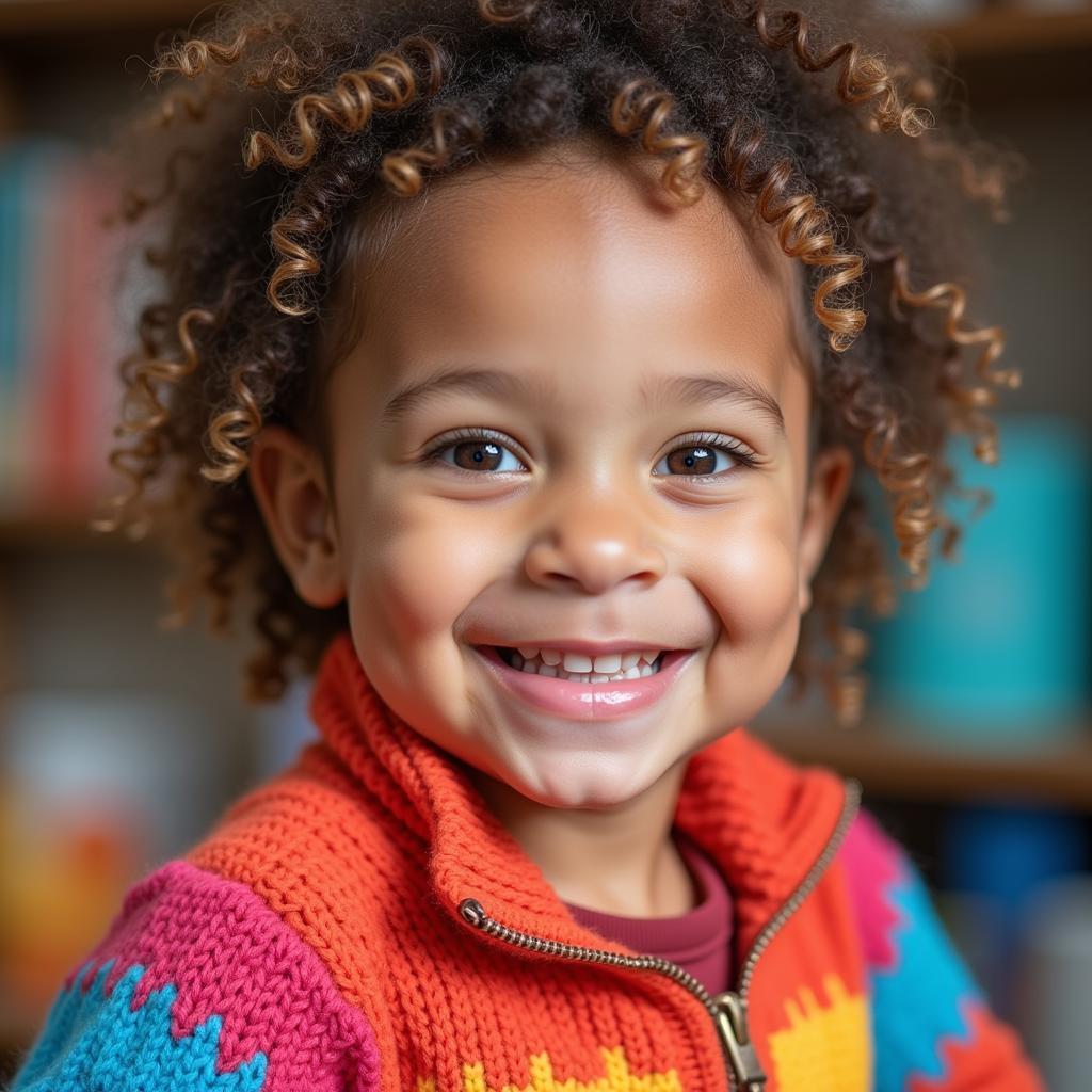 Smiling child in a handmade sweater