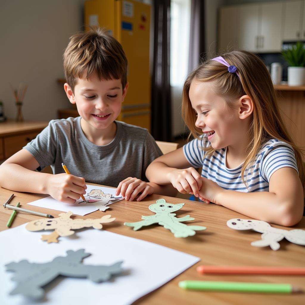 Two children happily engaging in imaginative play with their animal paper dolls.