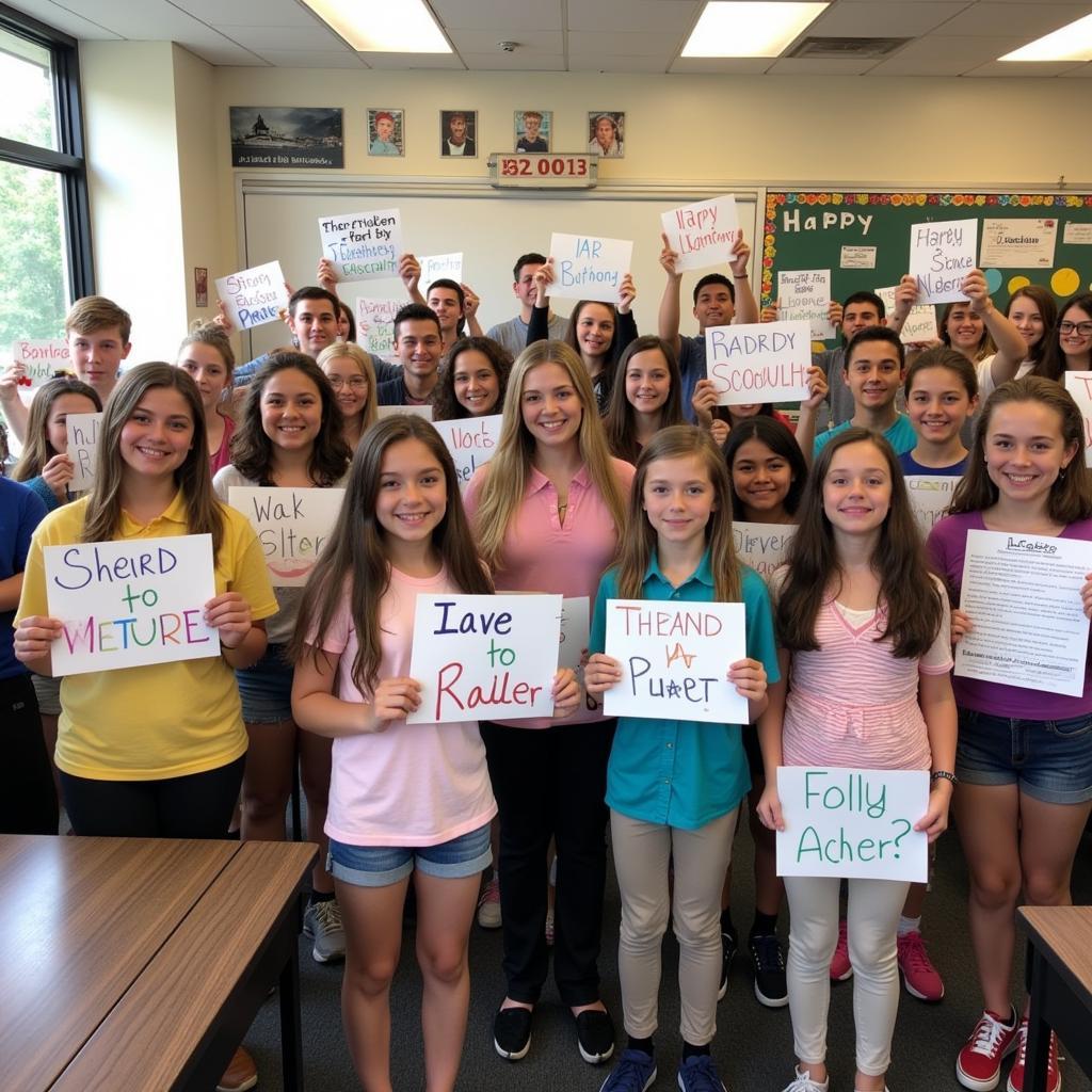 Students posing with their last day of school signs.