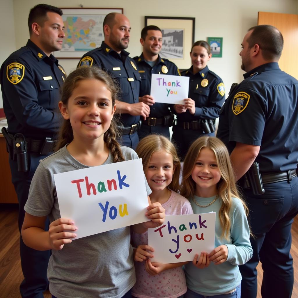 Children Presenting Handmade Thank You Cards to Police Officers