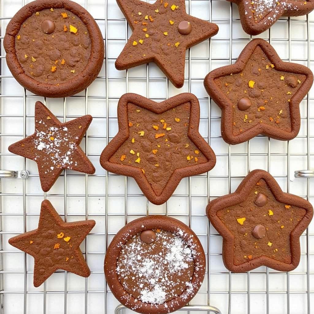 Assorted gluten-free chocolate orange cookies on a cooling rack