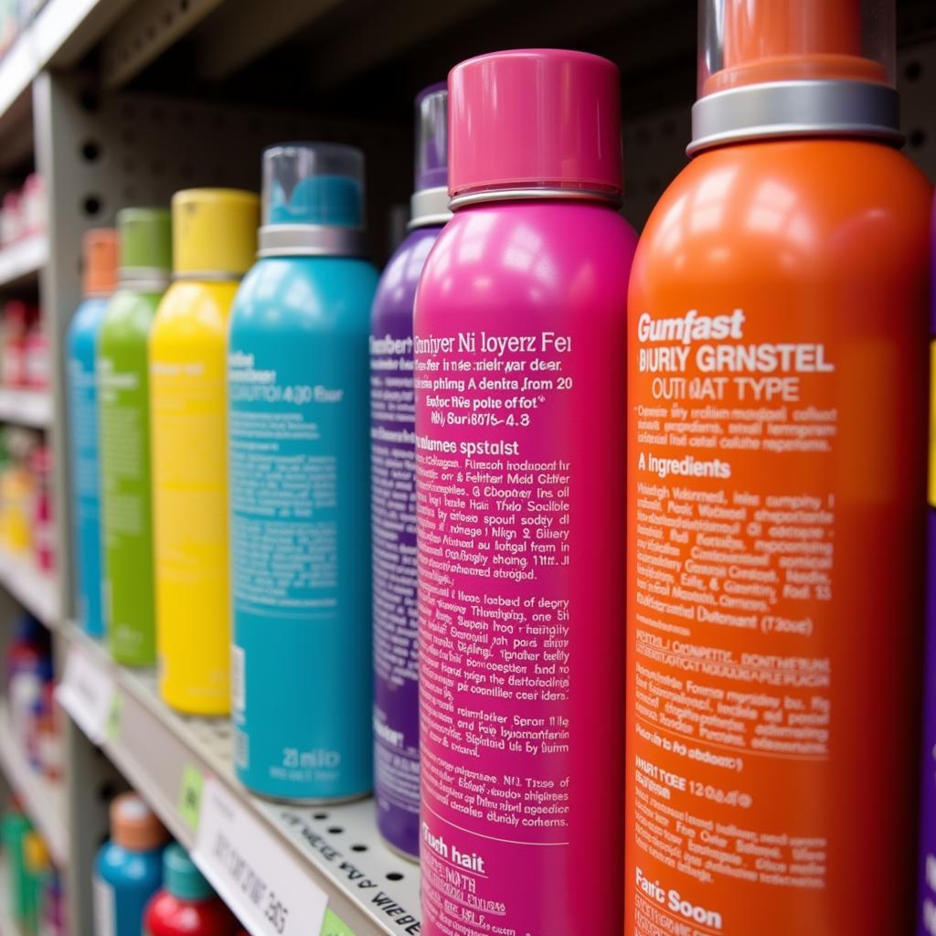 Various bottles of free and clear hairspray on a shelf, with a focus on ingredient lists