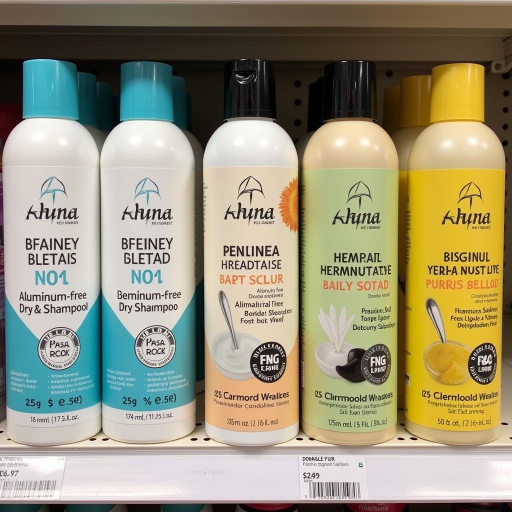 Various dry shampoo bottles on a shelf